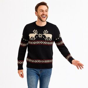 L.O.G.G.Jacquard Chunky Knit Ragger Neck Reindeer Sweater Fair Isle Size XS ARA